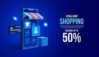 compras online no site e conceito de aplicativo móvel, loja de marketing digital e loja via smartphone vetor