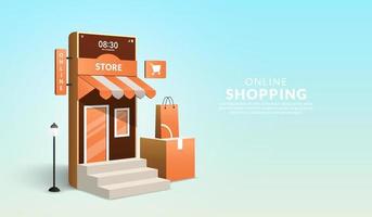 conceito de compras online no site e aplicativo móvel, smartphone 3D em forma de mini loja com sacola de compras vetor