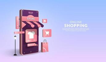 compras online no conceito de aplicativo móvel, marketing digital online, smartphone 3D em forma de loja com sacola de compras vetor