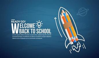 foguete de lápis de cor lançando-se ao espaço em fundo azul, bem-vindo de volta ao conceito de escola