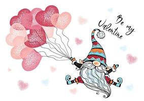 cartão de dia dos namorados com um gnomo fofo com balões em forma de coração. vetor.