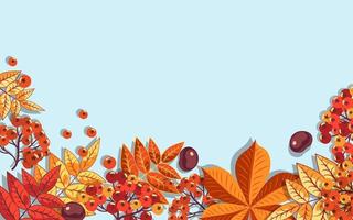 fundo de outono de bagas vermelhas de Rowan e folhas de castanheiro amarelo sobre um fundo azul.