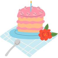 aniversário bolo com velas e flores . mão desenhado aniversário cumprimento cartões vetor