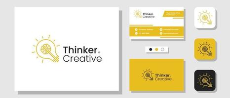 design de logotipo de pensador criativo com lâmpada e cérebro, cartão de visita de modelo de layout vetor