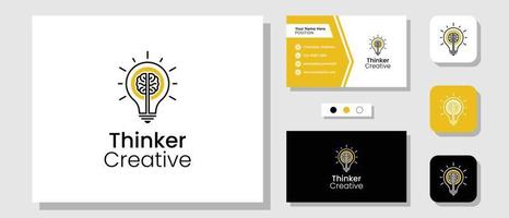 design de logotipo de pensador criativo com lâmpada e cérebro, cartão de visita de modelo de layout vetor