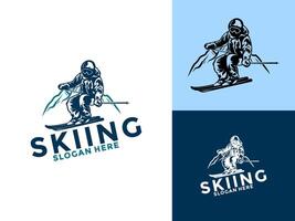 esquiar e inverno Esportes logotipo modelo, snowboard ou esqui logotipo com esquiador e montanha vetor