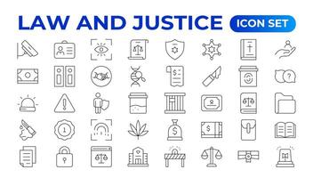 lei e julgamento linha ícones ilustração. justiça, quadra do lei e governo esboço ícone definir. vetor