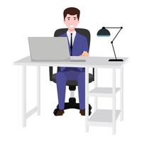 personagem de empresário fofo sentado em uma mesa de escritório em casa moderna com cadeira de mesa e com abajur de mesa do computador laptop vetor