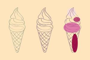 isto imagem retrata uma simples linha desenhando do três gelo creme cones. a cones estão desenhado dentro Preto e branco, com a Adição do Rosa e roxa cores para a mais à direita cone vetor