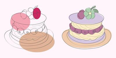 linha arte ilustração do dois bolos coberto com bagas e flores vetor