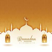Ramadã kareem cumprimento cartão com mesquita e lanternas vetor