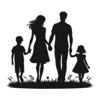 uma Preto e branco silhueta representando uma família, consistindo do dois adultos e dois crianças. vetor