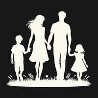 uma Preto e branco silhueta representando uma família, consistindo do dois adultos e dois crianças. vetor
