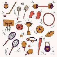 Esportes equipamento para vários tipos do Esportes mão desenhado ilustração em isolado fundo. multi-desportivo rabisco conceito com xícara, boxe luvas, ginástica, basquetebol, futebol, tênis, bola vetor