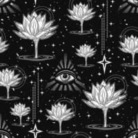 misterioso desatado padronizar com lótus flor Aumentar a partir de água, terceiro olho, estrelas. místico, espiritual, discernimento conceito. Preto e branco ilustração dentro vintage estilo. vetor