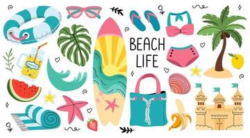 verão adesivos definir. de praia acessórios ícones para rede. de praia vida rotulação. tropical período de férias. limonada, areia castelo, roupa de banho, surf, aceno, Palma árvore, lifebuoy. ilustração. vetor