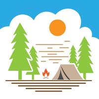acampamento ilustração com barraca, pinho árvore, montanha, lua, nuvem, estrelas, florestas. vetor