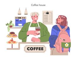 acolhedor café casa encontro uma barista mãos sobre uma recentemente fabricado copo para uma cliente, no meio uma caloroso e convidativo café fazer compras atmosfera ilustração vetor