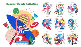 verão Esportes Atividades. plano ilustração vetor