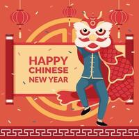 homem fazendo dança do leão ao lado do texto do feliz ano novo chinês vetor