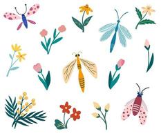 coleção de insetos e flores. borboletas, libélulas, besouros e flores. pacote de elementos decorativos de design. tempo de primavera. mão dos desenhos animados do vetor desenhar ilustração.