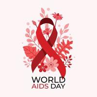 dia mundial da aids com fita vermelha rodeada de flores vetor