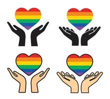 conjunto de mão segurando o coração do arco-íris. ilustração vetorial vetor