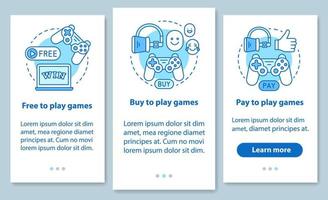 compra de aplicativos e jogos onboarding tela de página móvel com conceitos lineares. grátis, pague para jogar instruções gráficas de etapas passo a passo. modelo de vetor ux, ui, gui com ilustrações