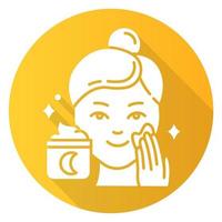 aplicando o ícone de glifo de sombra longa design plano amarelo creme de noite. procedimento de cuidado da pele. produto de tratamento facial. creme para dormir para a rotina de beleza à noite. ilustração da silhueta do vetor