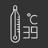 ícone de giz do termômetro. Temperatura alta. 39 graus celcius. calor corporal. Aparelho médico. sintoma de resfriado comum. doença e enfermidade. vírus influenza. gripe, gripe. ilustração vetorial isolado quadro-negro vetor