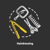 ícone do conceito de giz de cabeleireiro. equipamento profissional de salão de cabeleireiro, ideia de ferramentas de cabeleireiro. tesouras, pente e chapinha para pentear. ilustração vetorial isolada no quadro-negro vetor