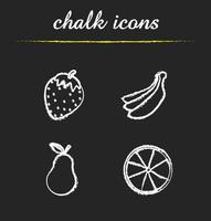 conjunto de ícones de giz de frutas. morango, pacote de bananas, pêra, laranja. ilustrações vetoriais isoladas em quadro-negro vetor