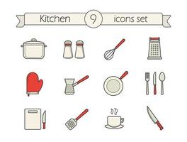 conjunto de ícones de cores de utensílios de cozinha. panela, saleiro e pimenteiro, batedor, ralador, luva de forno, frigideira, garfo, colher, faca, tábua de cortar, espátula, faca de cozinha. ilustrações isoladas de vetor