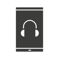 ícone do player de música do smartphone. símbolo da silhueta. telefone inteligente com fones de ouvido. espaço negativo. ilustração isolada do vetor