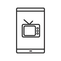 ícone linear do app de televisão no smartphone. ilustração de linha fina. telefone inteligente com símbolo de contorno de aparelho de TV. desenho de contorno isolado de vetor