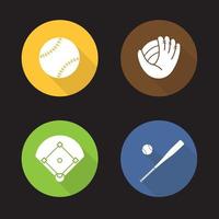 conjunto de ícones de longa sombra de design plano de beisebol. bastão e bola, luva, campo. equipamento de softball. ilustração da silhueta do vetor