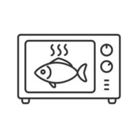 cozinhar peixes no ícone linear de forno de microondas. ilustração de linha fina. reaquecimento de refeição. símbolo de contorno. desenho de vetor isolado