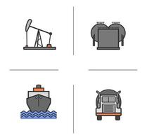 conjunto de ícones de cores da indústria de petróleo. caminhão de transporte, navio-tanque de transporte, torre de petróleo e armazenamento. ilustrações vetoriais isoladas vetor