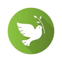 pomba com ramo de oliveira. ícone de sombra longa de design plano. sinal do dia da paz. símbolo da silhueta do vetor