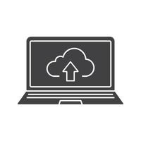 ícone de upload de arquivos de armazenamento em nuvem de laptop. símbolo da silhueta. computação em nuvem. espaço negativo. ilustração isolada do vetor
