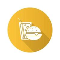 ícone de glifo de longa sombra de design plano hambúrguer e refrigerante. comida rápida. sanduíche com limonada. ilustração da silhueta do vetor