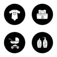 conjunto de ícones de glifo de puericultura. carrinho de bebê, body, lenços umedecidos, shampoo e sabonete. Ilustrações de silhuetas brancas em círculos pretos vetor