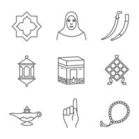 Conjunto de ícones lineares da cultura islâmica. estrela islâmica, mulher muçulmana, espada de cimitarra, lanterna, kaaba, ketupat, lamparina a óleo, gesto de deus, misbaha. símbolos de contorno de linha fina. ilustrações isoladas de contorno vetorial vetor