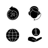 conjunto de ícones de glifo do centro de informações. símbolos de silhueta. reagendar, globo, helpdesk, operador de call center. ilustração isolada do vetor