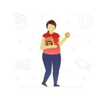 mulher gorda comendo donuts design de personagem plana. nutrição não saudável. sobrepeso, problema de obesidade. ilustração isolada do vetor