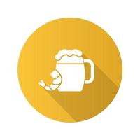caneca de cerveja com ícone de glifo de sombra longa design plano camarão. cerveja ilustração da silhueta do vetor