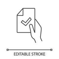 ícone linear de assinatura de contrato. acordo de negócios. teste ou exame concluído com sucesso. verificação de documentos. ilustração de linha fina. aprovado. desenho de contorno isolado do vetor. curso editável vetor