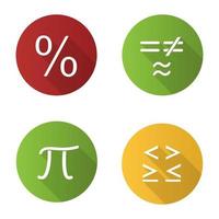 matemática design plano conjunto de ícones de glifo de sombra longa. sinais de pi, porcentagem, igualdade e desigualdades. ilustração da silhueta do vetor