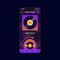 modelo de vetor de interface de smartphone escuro de player de música. layout de design da página do aplicativo móvel. tocando música do álbum online. lista de reprodução de streaming. tela multimídia. interface do usuário plana para aplicação. display do telefone