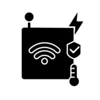 ícone de glifo preto de sensores iot. transmissão de informações pela rede sem fio. sistema de segurança residencial inteligente. tipo de sensor de temperatura. símbolo da silhueta no espaço em branco. ilustração isolada do vetor